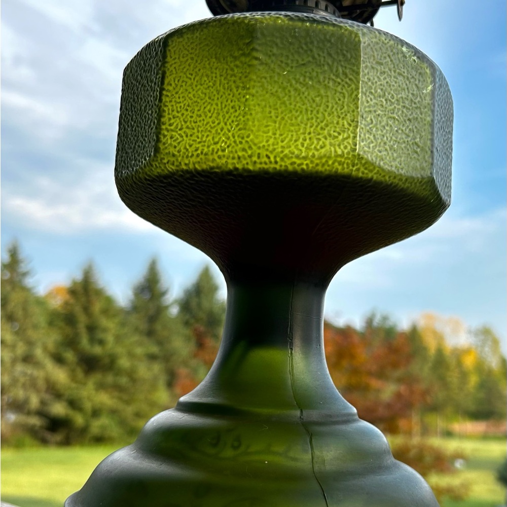 Vintage P & A Risdon Green Glass Oil Lamp Base With Burner And Chimney - Picture 9 of 13